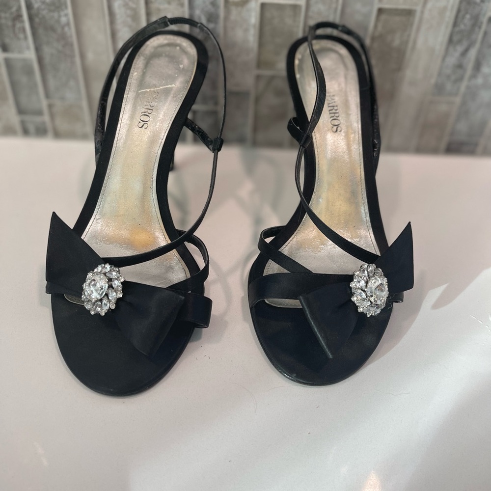 Caparros Black Satin Crystal Bow Sling Back Heel Evening Shoes size 8.5